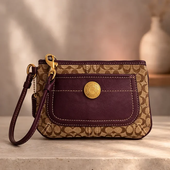 Muñequera Coach vintage de cuero y lona, morado y marrón