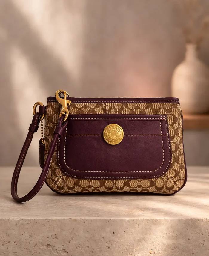Muñequera Coach vintage de cuero y lona, morado y marrón